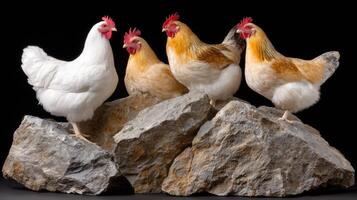 Four chickens standing on top of large rocks photo