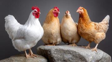 Four chickens standing on top of rocks photo