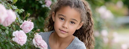 A young girl is posing for a photo in front of pink roses