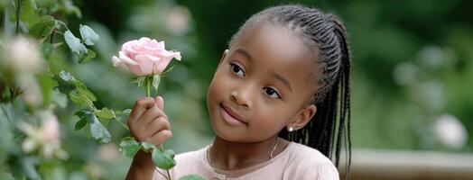 A young girl smiles while holding a pink rose photo