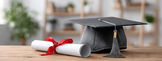 A graduation cap and diploma on a table photo