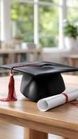 A graduation cap sits on top of a table with a diploma photo