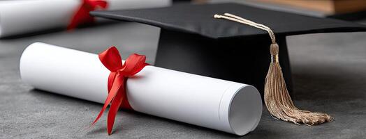A graduation cap and diploma with red ribbon photo