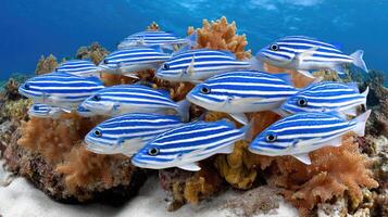 A group of blue and white striped fish swimming on the ocean floor photo