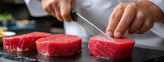 A chef is cutting up a piece of steak photo