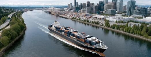 A container ship traveling down a river with a city in the background photo
