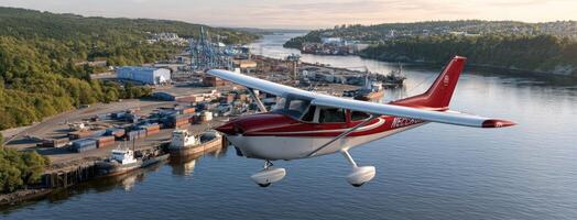 A small plane flying over a body of water photo