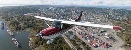 A small plane flying over a city with a large ship in the background photo