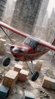 A red airplane flying over a city photo