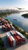 An aerial view of a container terminal with a plane flying over it photo