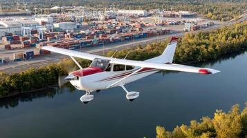 A small airplane flying over a river with a city in the background photo
