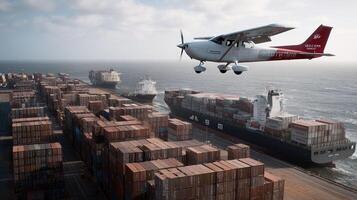 A small plane flying over a large container ship photo
