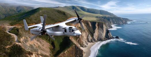 A small plane flying over a cliff side photo