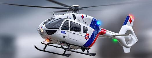A helicopter with red and blue lights flying in the sky photo