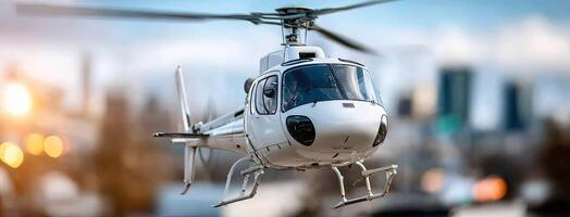A helicopter flying over a city with a city skyline in the background photo