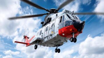 A large helicopter flying through the air photo