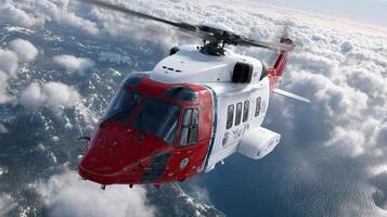 A red and white helicopter flying over a mountain photo