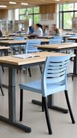 A classroom with desks and chairs in it photo