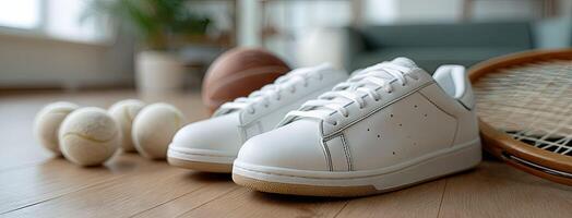A pair of white tennis shoes and a tennis racket photo