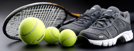A tennis racket, tennis shoes and balls on a black surface photo
