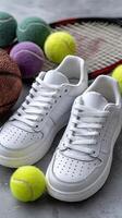 Tennis shoes and tennis balls on a table photo