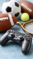 A game controller, tennis ball, and soccer ball photo