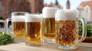 Three large beer mugs with beer on a table photo