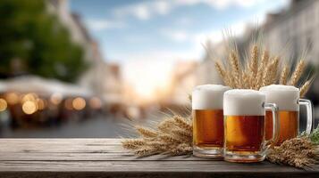 Beer and wheat on a wooden table photo