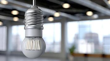 A light bulb is hanging from the ceiling in an office photo