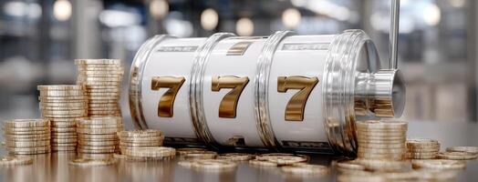 A slot machine with gold coins and sevens photo