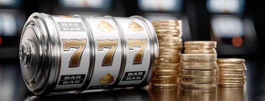 A slot machine with gold coins and a wheel photo