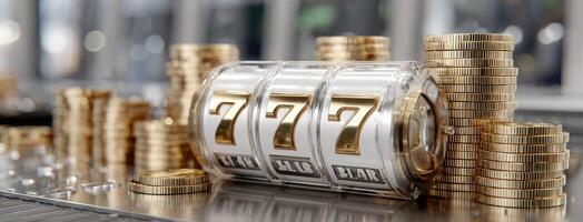A slot machine with gold coins on top photo
