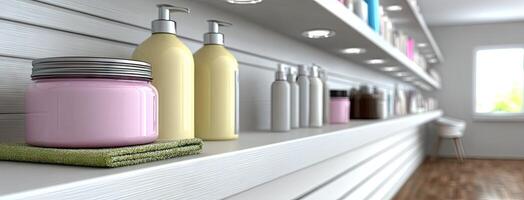 A shelf with many bottles and jars on it photo