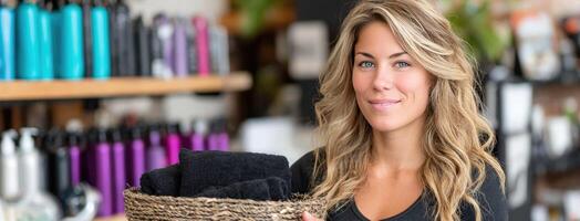 A woman holding a basket of hair products photo