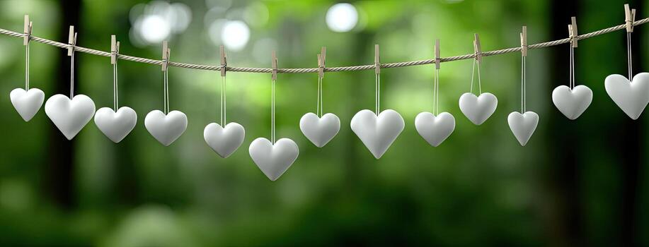 A string of white hearts hanging from a clothesline photo