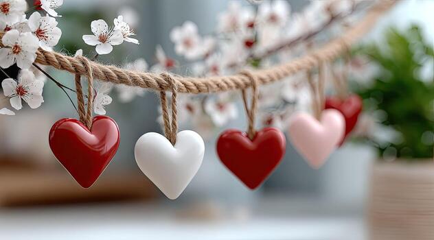 A string of red and white heart shaped decorations photo