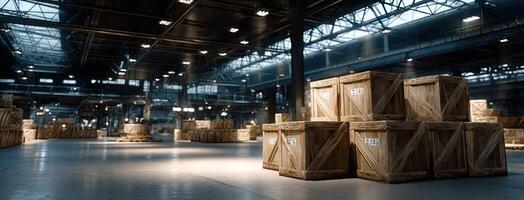 A large warehouse with boxes and crates photo