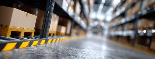 A warehouse aisle with boxes and pallets photo