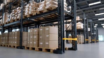 A warehouse with boxes and pallets on shelves photo
