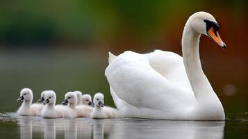 Swan mother and her babies swimming in the water photo