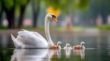 Swan family with baby swans photo