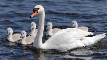 A swan with her babies swimming in the water photo