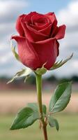 A single red rose is in front of a field photo