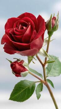 A single red rose is shown against a blue sky photo