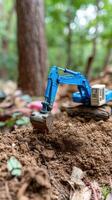 Excavator digs into soil at construction site in forest with vibrant colors and professional studio lighting photo