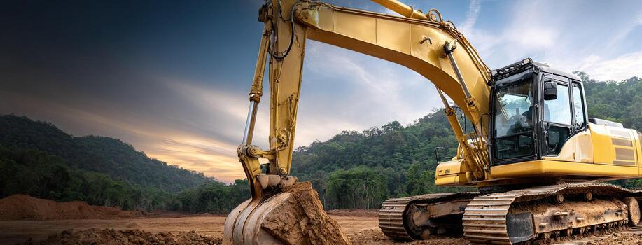 Excavator operates on construction site digging earth beside trees and hills under cloudy sky in vibrant, high-resolution setting photo