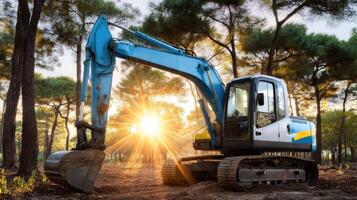 A blue excavator is sitting in the middle of a forest photo