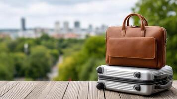 A brown briefcase and a suitcase sitting on top of a wooden table photo