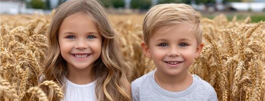 Two children are smiling in a field of wheat photo