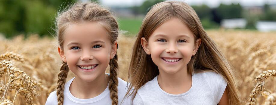 Two young girls are smiling in a field of wheat photo